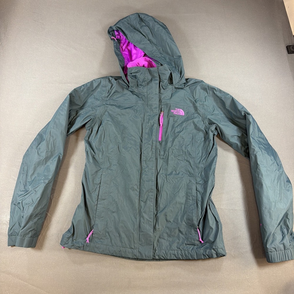 The North Face Womens Dark Green Rain Jacket Windbreaker Small Purple Trim